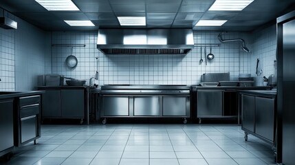 Brightly lit industrial kitchen features stainless steel countertops and appliances, designed for efficiency in food preparation. spacious area is organized for professional cooking tasks