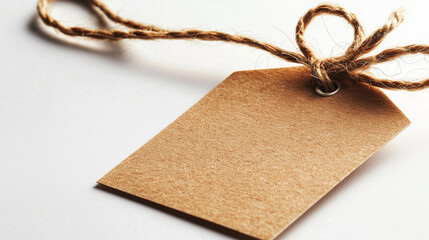 Blank Kraft Paper Price Tag with Twine Bow on White Background