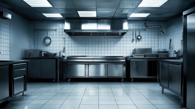 Brightly lit industrial kitchen features stainless steel countertops and appliances, designed for efficiency in food preparation. spacious area is organized for professional cooking tasks