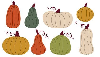 Cute cartoon autumn pumpkin set. Fall harvest collection in simple flat style.