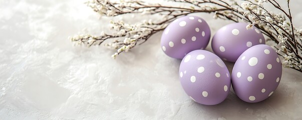 close up of painted dots pattern pastel purple easter eggs with spring willow branches and flowers on white background, spring holiday concept banner
