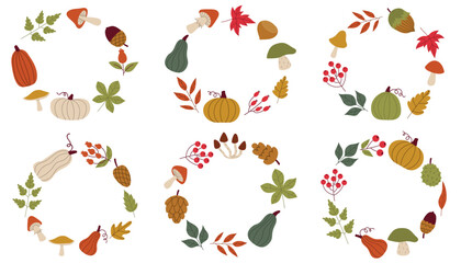 Cute cartoon round autumn frames with pumpkins and leaves, cones and berries. Fall harvest wreaths collection in flat style.