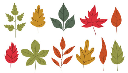 Cute cartoon autumn leaves collection. Cozy fall leaf set. Autumn tree branches design elements in simple flat style.