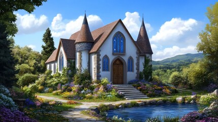 picturesque chapel with pointed towers is nestled among colorful flowers and lush greenery, while a tranquil pond reflects the stunning scenery under a clear blue sky
