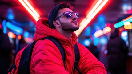 young man wearing a vibrant red jacket and sunglasses relaxes under neon lights in an urban setting. ambiance creates a lively and modern atmosphere at night, showcasing street fashion
