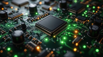 Close-up of a circuit board with a central processor.
