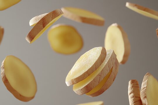 A unique shot of sliced potatoes in mid-air, great for food or entertainment concepts