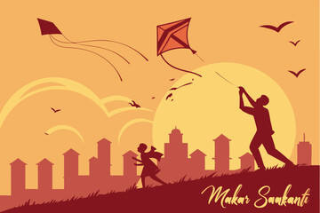 Makar Sankranti festival, kite flying celebration, vibrant orange sunset sky, silhouettes of people on rooftop, cityscape skyline, flying kites, joyful atmosphere, Indian culture, festive greeting car