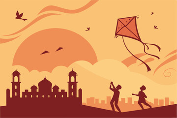 Makar Sankranti festival, kite flying celebration, vibrant orange sunset sky, silhouettes of people on rooftop, cityscape skyline, flying kites, joyful atmosphere, Indian culture, festive greeting car