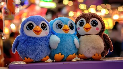 Obraz premium Adorable plush toy penguins group colorful fair toy photography bright atmosphere close-up view cuteness factor