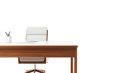 A wooden desk with a white chair and a pen and pencil on it
