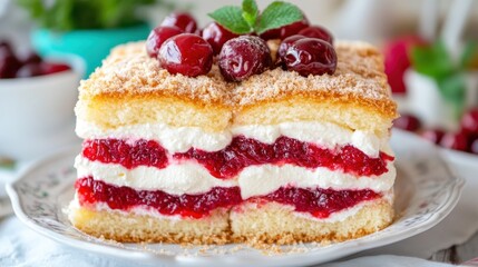 visually appealing cherry layered cake showcases vibrant red cherry filling and smooth whipped cream between soft cake layers, garnished with fresh cherries on top