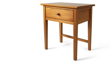 A wooden nightstand with a drawer sits on a white background