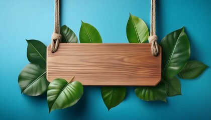 blank wooden sign hanging from rope amidst green leaves on blue background
