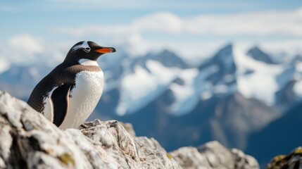 Fototapeta premium gentoo penguin stands on a rocky ledge, surveying its surroundings amidst breathtaking snowy peaks. vibrant orange bill contrasts with the majestic mountainous backdrop on a sunny day