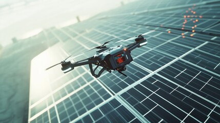 Drone inspecting solar panels at sunrise for sustainable energy solutions