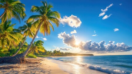 The sun sets over a tranquil tropical beach, illuminating lush palm trees and casting golden reflections on the gentle waves, creating a peaceful atmosphere
