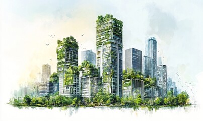 Obraz premium Modern Cityscape with Vertical Forest Skyscrapers and Sustainable Architecture