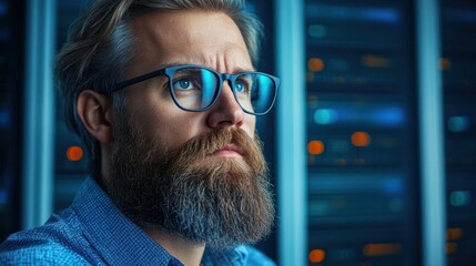 bearded man wearing glasses appears deeply concentrated while examining data in a server room. Soft blue lights from the equipment create a modern, tech-oriented atmosphere around him