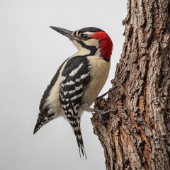 "A sweet woodpecker perched against a white background."