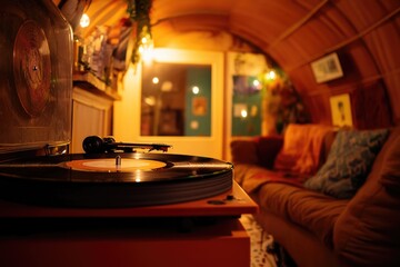 Obraz premium A record player sits on a wooden table, ready for use