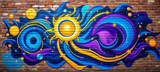 Vivid Abstract Mural Featuring Cosmic Swirls and Vibrant Yellow and Blue Colors. Abstract Colorful Spray Paint Graffiti Art on Urban Wall. Vibrant abstract mural showcasing dynamic brush strokes
