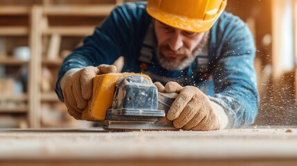 skilled craftsman focuses intently as he operates a power sander, smoothing a wooden surface in a well-lit workshop filled with tools and wood