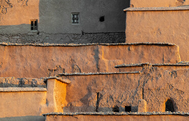 Africa, Morocco, Ait Benhaddou. Close-up of weathered town buildings.