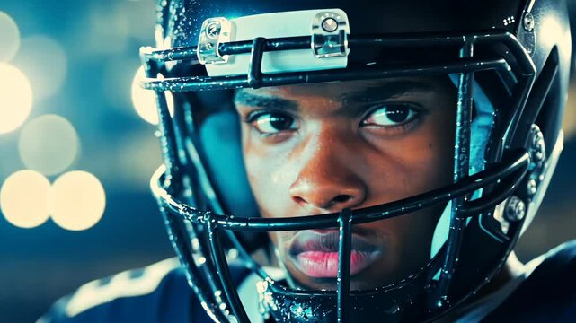 Gridiron Intensity: Close-up portrait of a determined American football player, his intense gaze reflecting unwavering focus and grit. The dark, moody setting enhances the dramatic effect. 