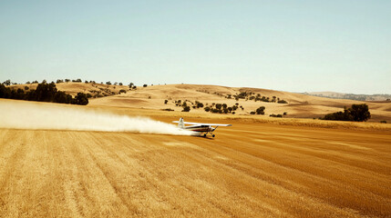Obraz premium Crop duster gracefully glides over golden fields during a sunny summer day
