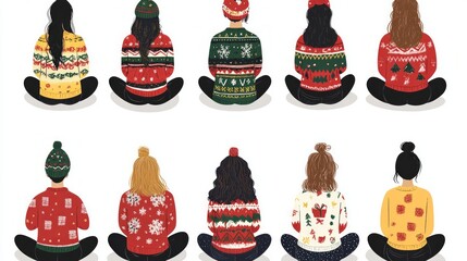 Festive sweaters on diverse young adults and teens celebrating holiday season
