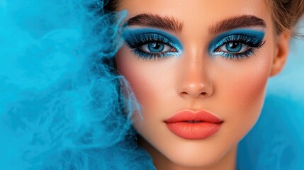 model displays striking makeup featuring bright blue eyeshadow and dramatic eyelashes. bold look is complemented by a coral lip color against a soft blue background