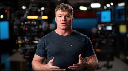 presenter stands confidently while addressing the audience during a recording session in a professional studio filled with cameras and lighting equipment