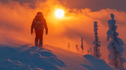 solitary figure dressed in winter gear walks through a snowy landscape as the sun sets, casting warm colors across the sky. Trees covered in snow create a serene atmosphere