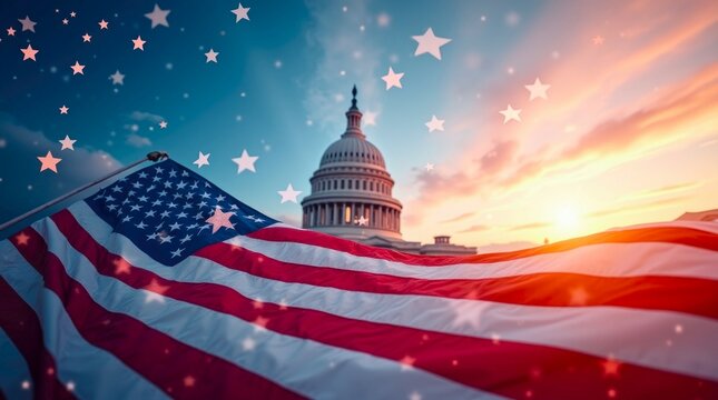 American flag and u.s. capitol building at sunset with stars in the sky