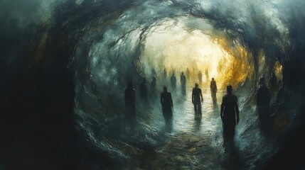 Figures walk toward light, tunnel's dark embrace.
