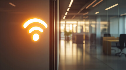 White glowing wi-fi on business office wall. empty interior at daytime. fast internet connection, technology and communication network, hotspot data sharing symbol for web access.