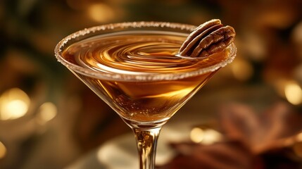 Close-up of a pecan-topped cocktail in a martini glass, garnished with sugar.