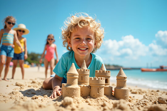 Naklejki A smiling child with curly hair is building a sandcastle on a beach, with three other children in the background near the shore.