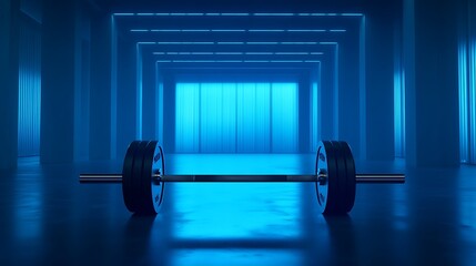 Barbell with weights in empty gym at night illuminated by blue light. Front view, high-resolution, cinematic style, professional lighting, soft shadows, low contrast, clean focus.