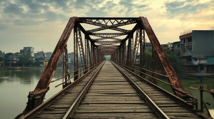 Rusty Bridge Over River in Cityscape