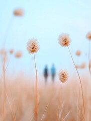 Serene Hikers in Pastel Meadow at Sunrise