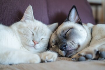 Two cats sleeping on the top of a couch, casual and relaxed