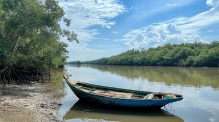 Obraz premium Serene River Landscape with Old Fishing Boat