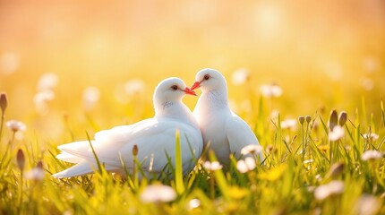 Two white doves in a sunny meadow surrounded by wildflowers