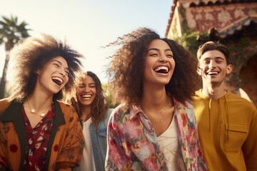 Four cheerful young friends enjoying a fun day out, laughing and having a good time