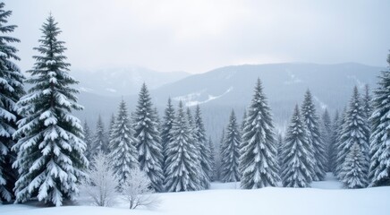 Snowy trees in a field with a mountain in the background