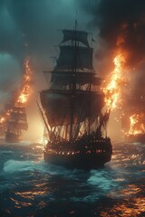 Obraz premium Burning ships at sea, stormy night.