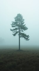 Arafed tree in a field with fog and grass