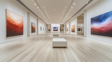 Modern art gallery showcasing abstract landscape paintings